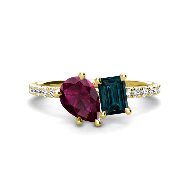 Zahara 9x6 mm Pear Rhodolite Garnet and 7x5 mm Emerald Cut London Blue Topaz 2 Stone Duo Ring 