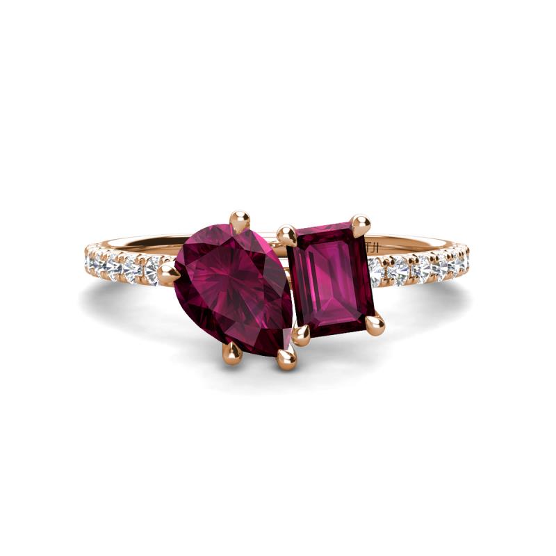 Zahara 9x6 mm Pear and 7x5 mm Emerald Cut Rhodolite Garnet 2 Stone Duo Ring 