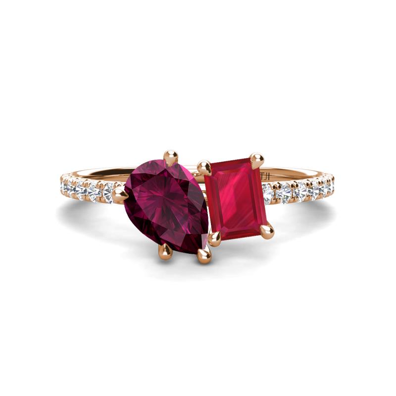 Zahara 9x6 mm Pear Rhodolite Garnet and 7x5 mm Emerald Cut Lab Created Ruby 2 Stone Duo Ring 
