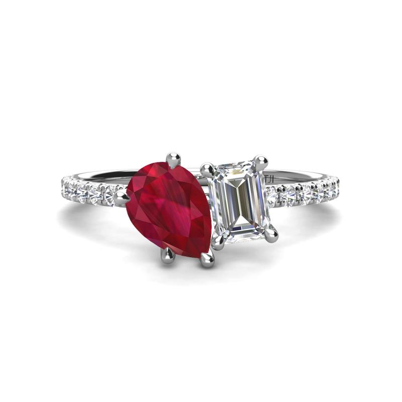 Zahara 9x7 mm Pear Ruby and 7x5 mm IGI Certified Emerald Cut Lab Grown Diamond 2 Stone Duo Ring 