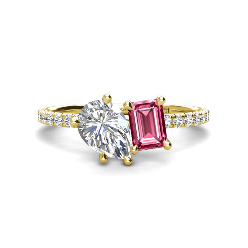 Zahara GIA Certified 9x6 mm Pear Diamond and 7x5 mm Emerald Cut Pink Tourmaline 2 Stone Duo Ring 