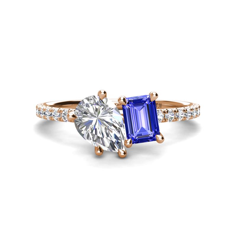 Zahara GIA Certified 9x6 mm Pear Diamond and 7x5 mm Emerald Cut Tanzanite 2 Stone Duo Ring 