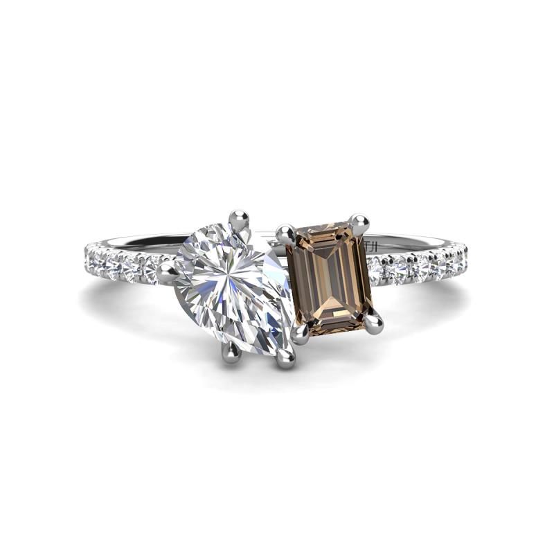 Zahara GIA Certified 9x6 mm Pear Diamond and 7x5 mm Emerald Cut Smoky Quartz 2 Stone Duo Ring 