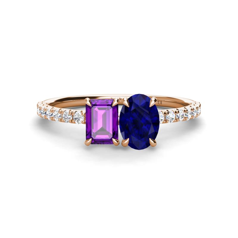 Galina 7x5 mm Emerald Cut Amethyst and 8x6 mm Oval Blue Sapphire 2 Stone Duo Ring 