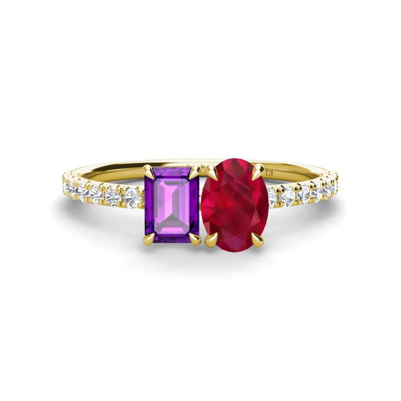 Galina 7x5 mm Emerald Cut Amethyst and 8x6 mm Oval Ruby 2 Stone Duo Ring 