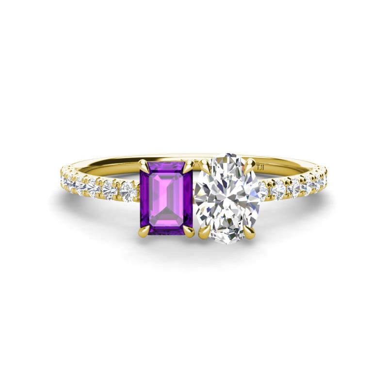 Galina 7x5 mm Emerald Cut Amethyst and 8x6 mm Oval Forever One Moissanite 2 Stone Duo Ring 
