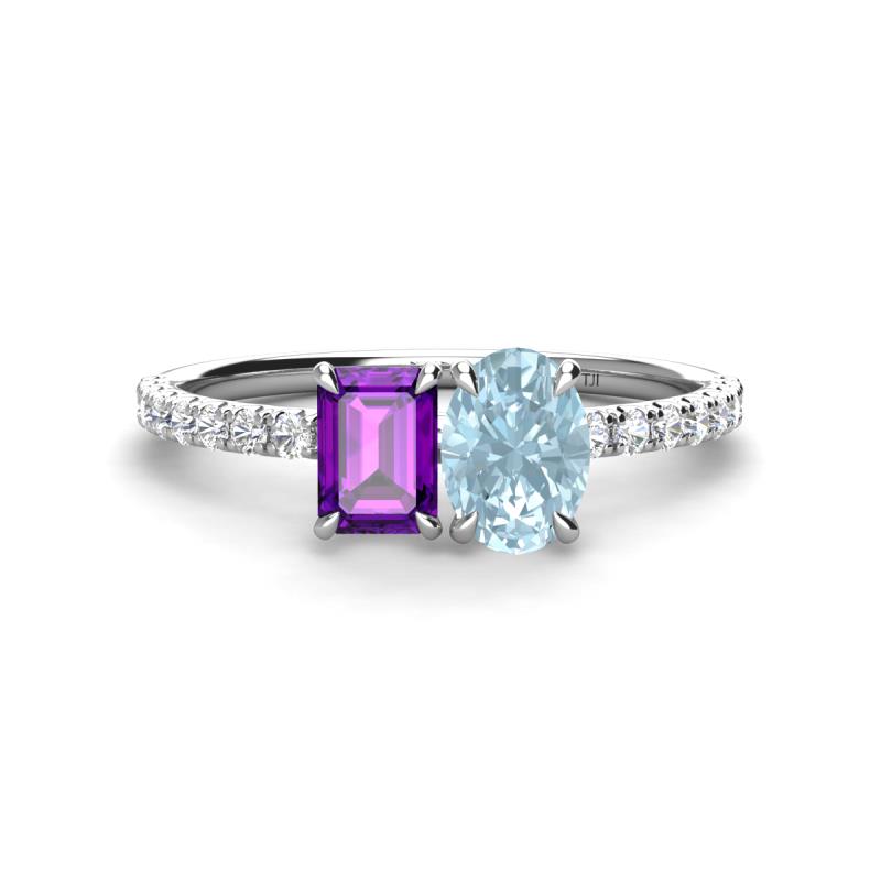 Galina 7x5 mm Emerald Cut Amethyst and 8x6 mm Oval Aquamarine 2 Stone Duo Ring 
