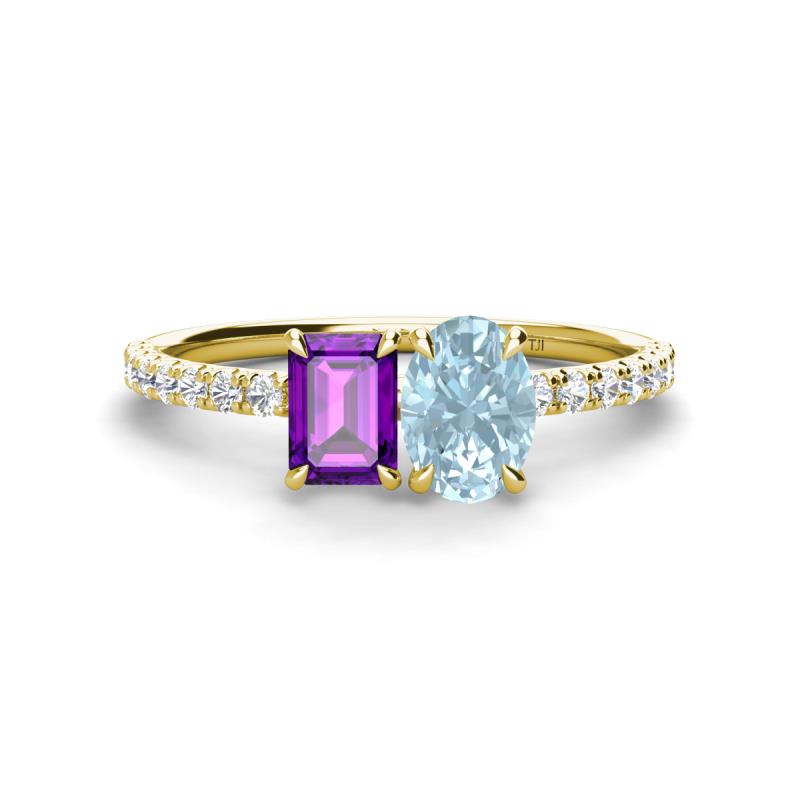 Galina 7x5 mm Emerald Cut Amethyst and 8x6 mm Oval Aquamarine 2 Stone Duo Ring 