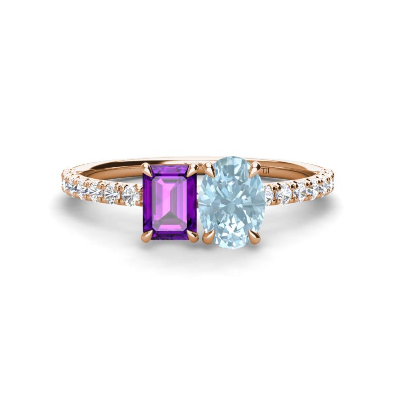 Galina 7x5 mm Emerald Cut Amethyst and 8x6 mm Oval Aquamarine 2 Stone Duo Ring 