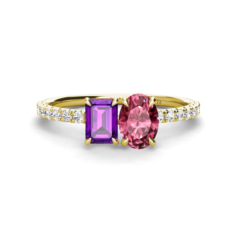 Galina 7x5 mm Emerald Cut Amethyst and 8x6 mm Oval Pink Tourmaline 2 Stone Duo Ring 