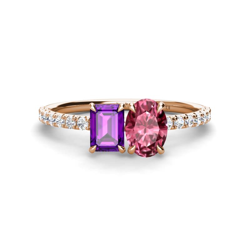 Galina 7x5 mm Emerald Cut Amethyst and 8x6 mm Oval Pink Tourmaline 2 Stone Duo Ring 