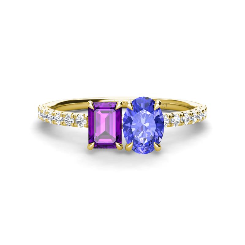 Galina 7x5 mm Emerald Cut Amethyst and 8x6 mm Oval Tanzanite 2 Stone Duo Ring 