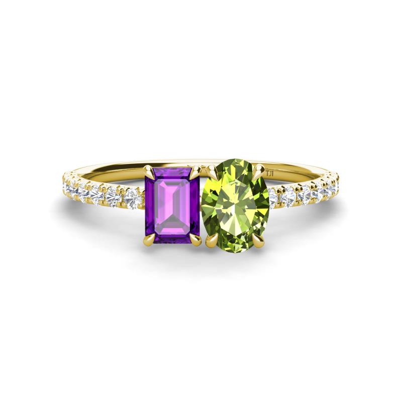 Galina 7x5 mm Emerald Cut Amethyst and 8x6 mm Oval Peridot 2 Stone Duo Ring 