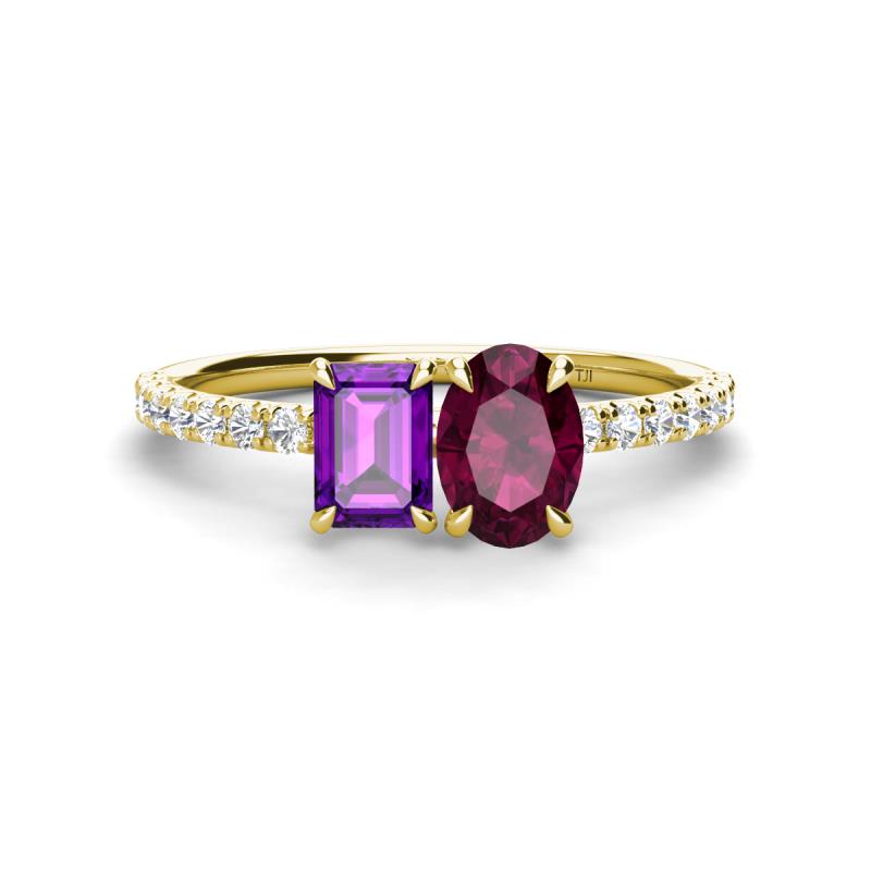 Galina 7x5 mm Emerald Cut Amethyst and 8x6 mm Oval Rhodolite Garnet 2 Stone Duo Ring 