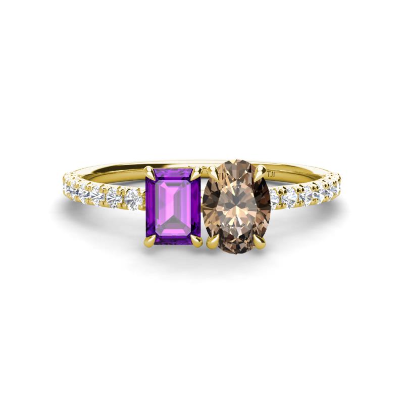 Galina 7x5 mm Emerald Cut Amethyst and 8x6 mm Oval Smoky Quartz 2 Stone Duo Ring 