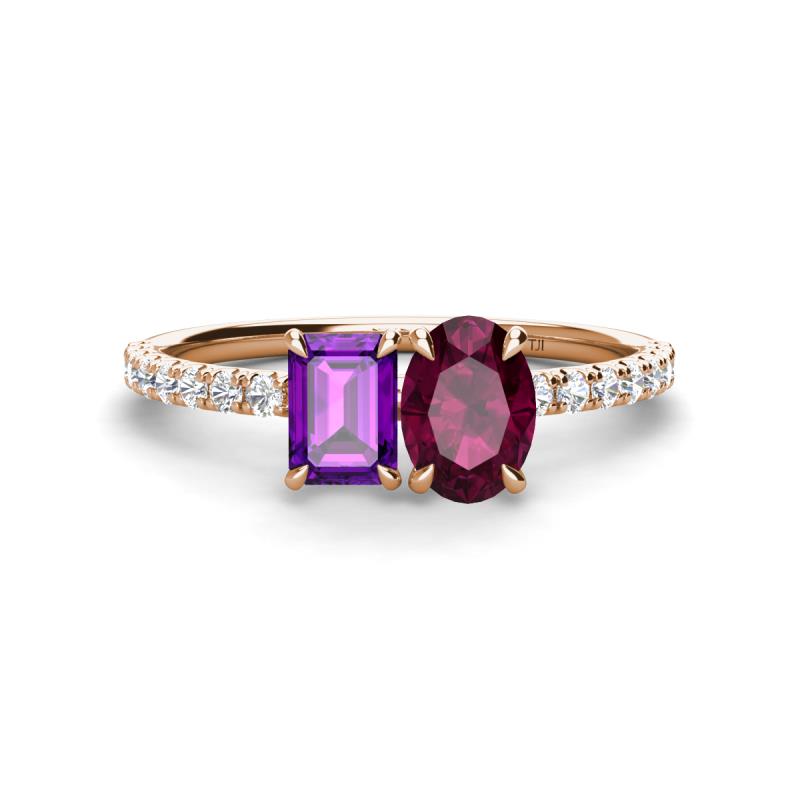 Galina 7x5 mm Emerald Cut Amethyst and 8x6 mm Oval Rhodolite Garnet 2 Stone Duo Ring 