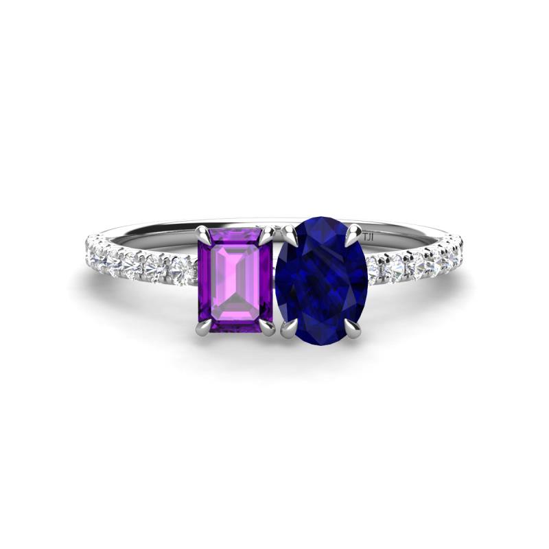 Galina 7x5 mm Emerald Cut Amethyst and 8x6 mm Oval Blue Sapphire 2 Stone Duo Ring 
