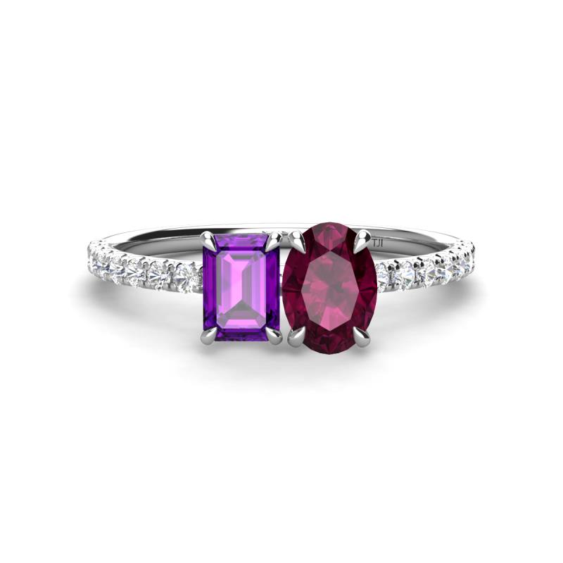 Galina 7x5 mm Emerald Cut Amethyst and 8x6 mm Oval Rhodolite Garnet 2 Stone Duo Ring 