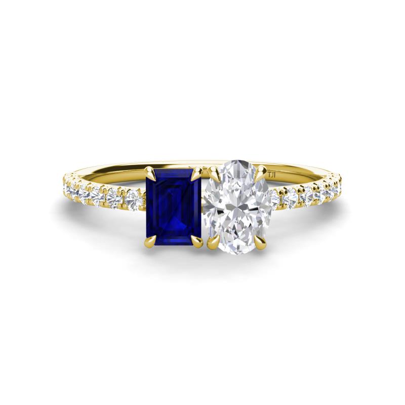 Galina 7x5 mm Emerald Cut Blue Sapphire and 8x6 mm Oval White Sapphire 2 Stone Duo Ring 
