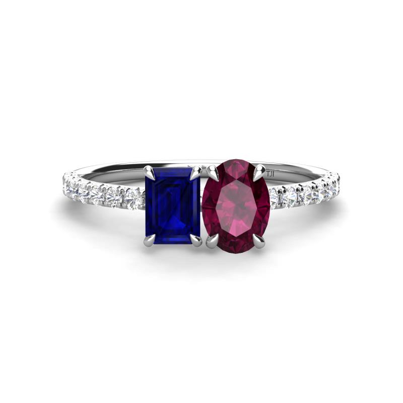 Galina 7x5 mm Emerald Cut Blue Sapphire and 8x6 mm Oval Rhodolite Garnet 2 Stone Duo Ring 