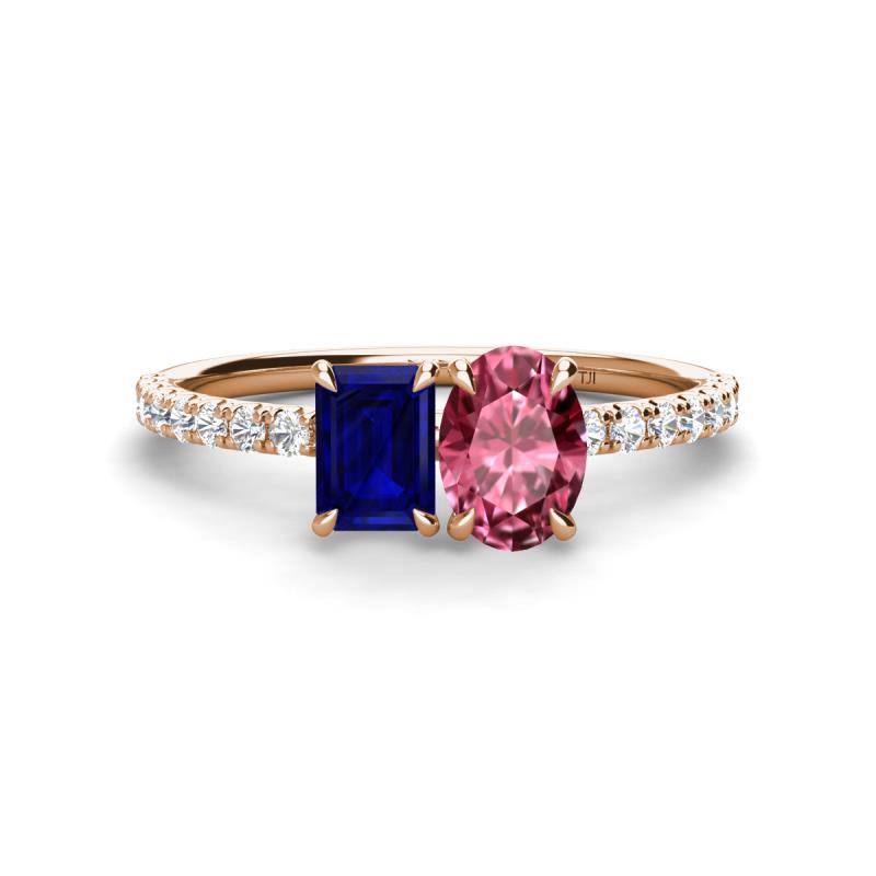 Galina 7x5 mm Emerald Cut Blue Sapphire and 8x6 mm Oval Pink Tourmaline 2 Stone Duo Ring 