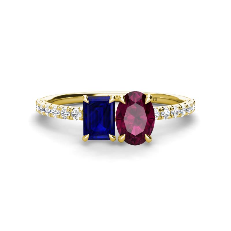 Galina 7x5 mm Emerald Cut Blue Sapphire and 8x6 mm Oval Rhodolite Garnet 2 Stone Duo Ring 