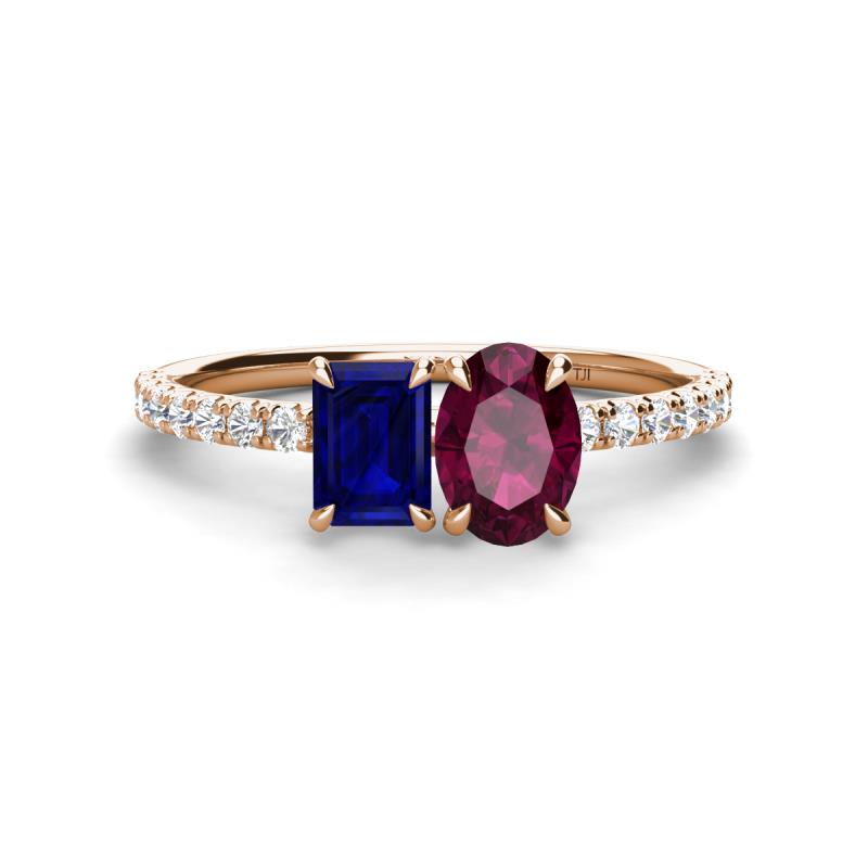 Galina 7x5 mm Emerald Cut Blue Sapphire and 8x6 mm Oval Rhodolite Garnet 2 Stone Duo Ring 