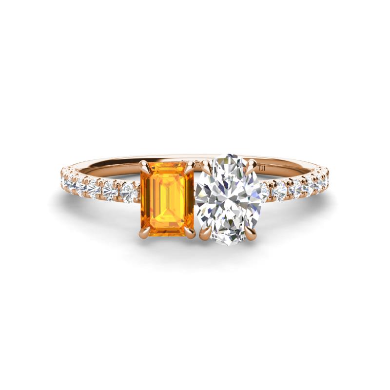 Galina 7x5 mm Emerald Cut Citrine and IGI Certified 8x6 mm Oval Lab Grown Diamond 2 Stone Duo Ring 