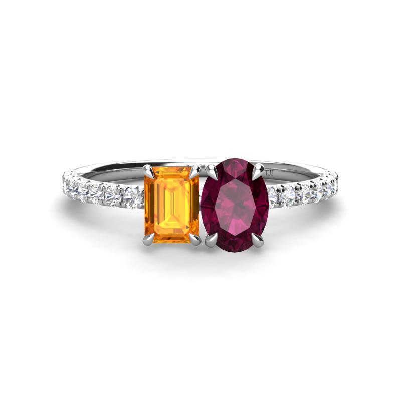 Galina 7x5 mm Emerald Cut Citrine and 8x6 mm Oval Rhodolite Garnet 2 Stone Duo Ring 
