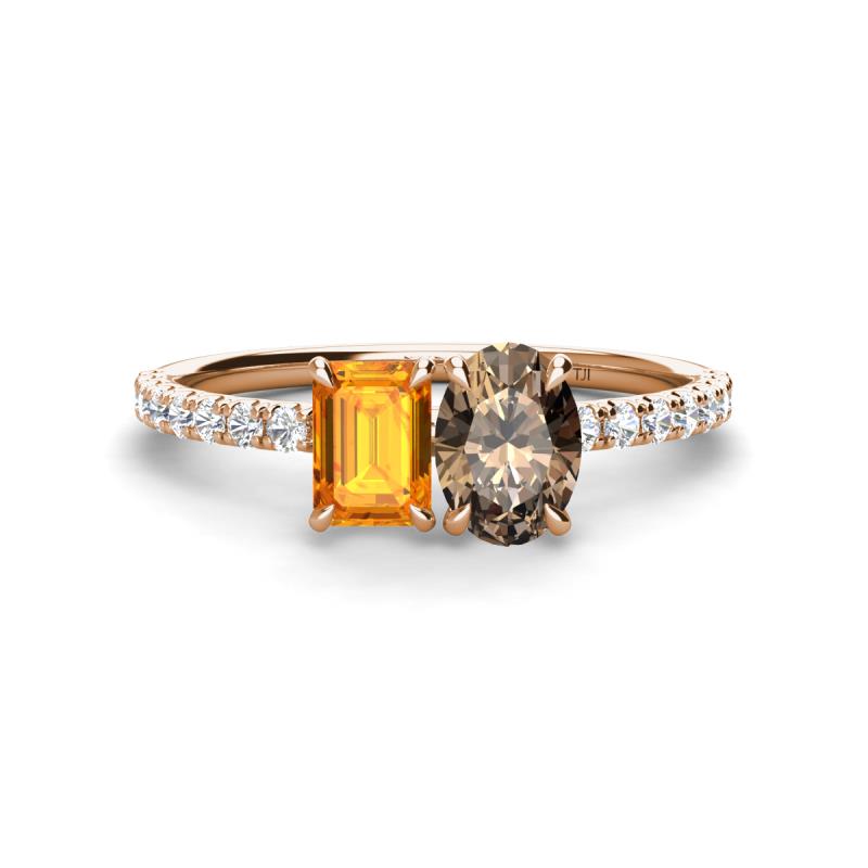 Galina 7x5 mm Emerald Cut Citrine and 8x6 mm Oval Smoky Quartz 2 Stone Duo Ring 