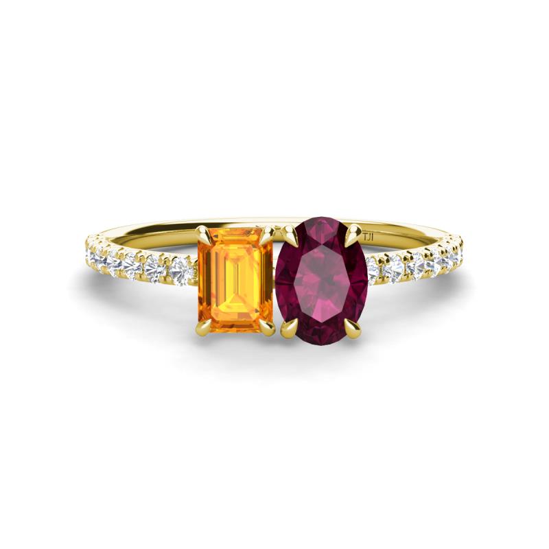 Galina 7x5 mm Emerald Cut Citrine and 8x6 mm Oval Rhodolite Garnet 2 Stone Duo Ring 
