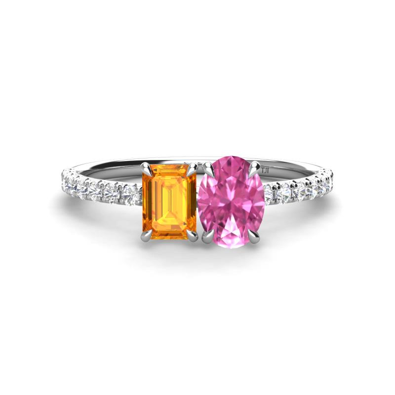 Galina 7x5 mm Emerald Cut Citrine and 8x6 mm Oval Pink Sapphire 2 Stone Duo Ring 
