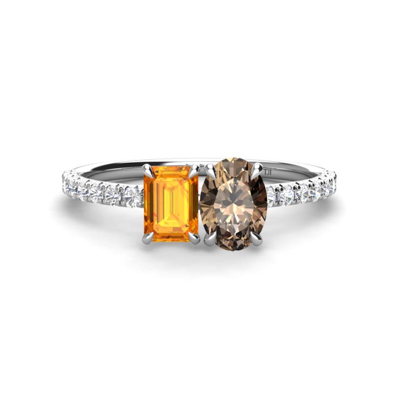 Galina 7x5 mm Emerald Cut Citrine and 8x6 mm Oval Smoky Quartz 2 Stone Duo Ring 