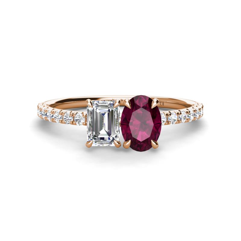 Galina GIA Certified 7x5 mm Emerald Cut Diamond and 8x6 mm Oval Rhodolite Garnet 2 Stone Duo Ring 