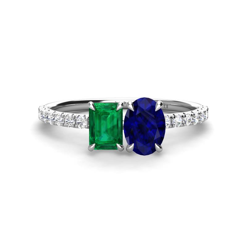 Galina 7x5 mm Emerald Cut Emerald and 8x6 mm Oval Blue Sapphire 2 Stone Duo Ring 