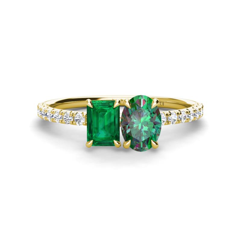 Galina 7x5 mm Emerald Cut Emerald and 8x6 mm Oval Lab Created Alexandrite 2 Stone Duo Ring 