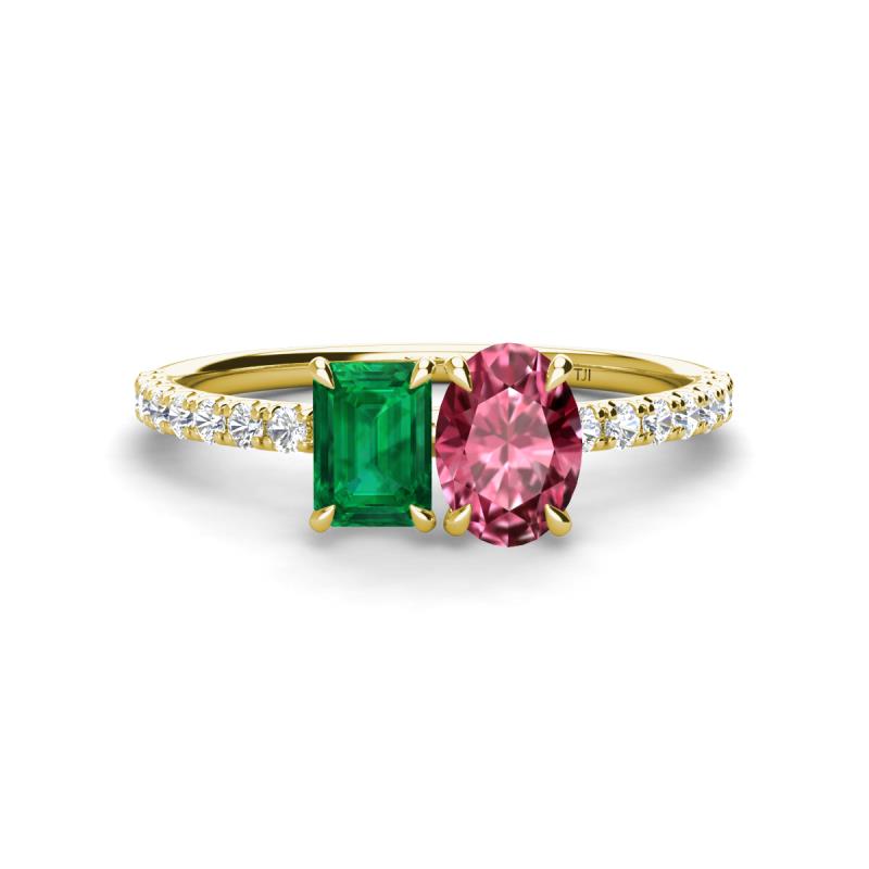 Galina 7x5 mm Emerald Cut Emerald and 8x6 mm Oval Pink Tourmaline 2 Stone Duo Ring 