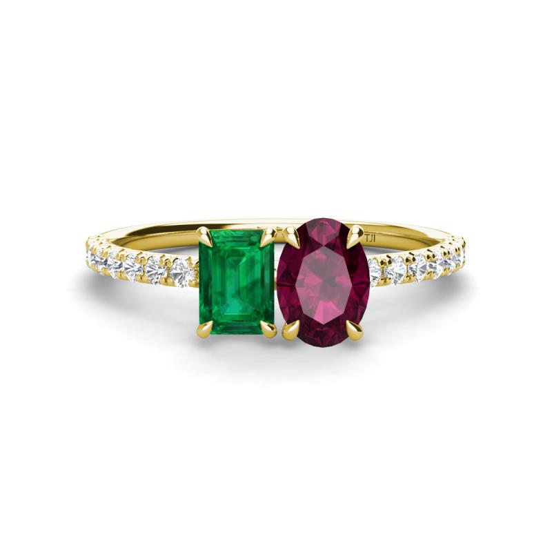 Galina 7x5 mm Emerald Cut Emerald and 8x6 mm Oval Rhodolite Garnet 2 Stone Duo Ring 