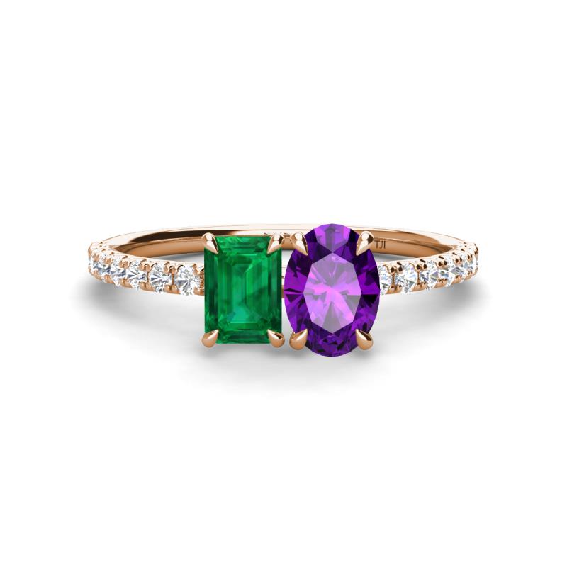 Galina 7x5 mm Emerald Cut Emerald and 8x6 mm Oval Amethyst 2 Stone Duo Ring 