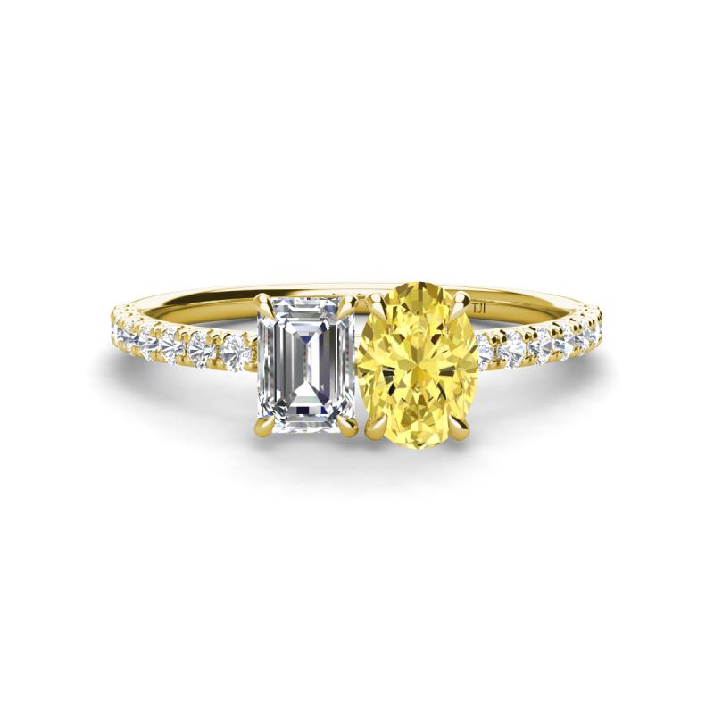 Galina IGI Certified 7x5 mm Emerald Cut Lab Grown Diamond and 8x6 mm Oval Yellow Sapphire 2 Stone Duo Ring 
