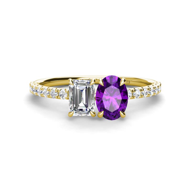 Galina IGI Certified 7x5 mm Emerald Cut Lab Grown Diamond and 8x6 mm Oval Amethyst 2 Stone Duo Ring 
