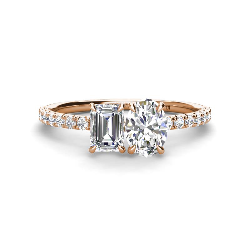 Galina 7x5 mm Emerald Cut Forever One Moissanite and GIA Certified 8x6 mm GIA Certified Oval Diamond 2 Stone Duo Ring 