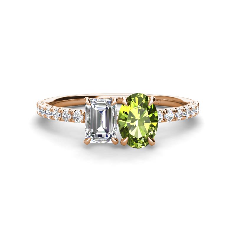 Galina 7x5 mm Emerald Cut Forever One Moissanite and 8x6 mm Oval Peridot 2 Stone Duo Ring 