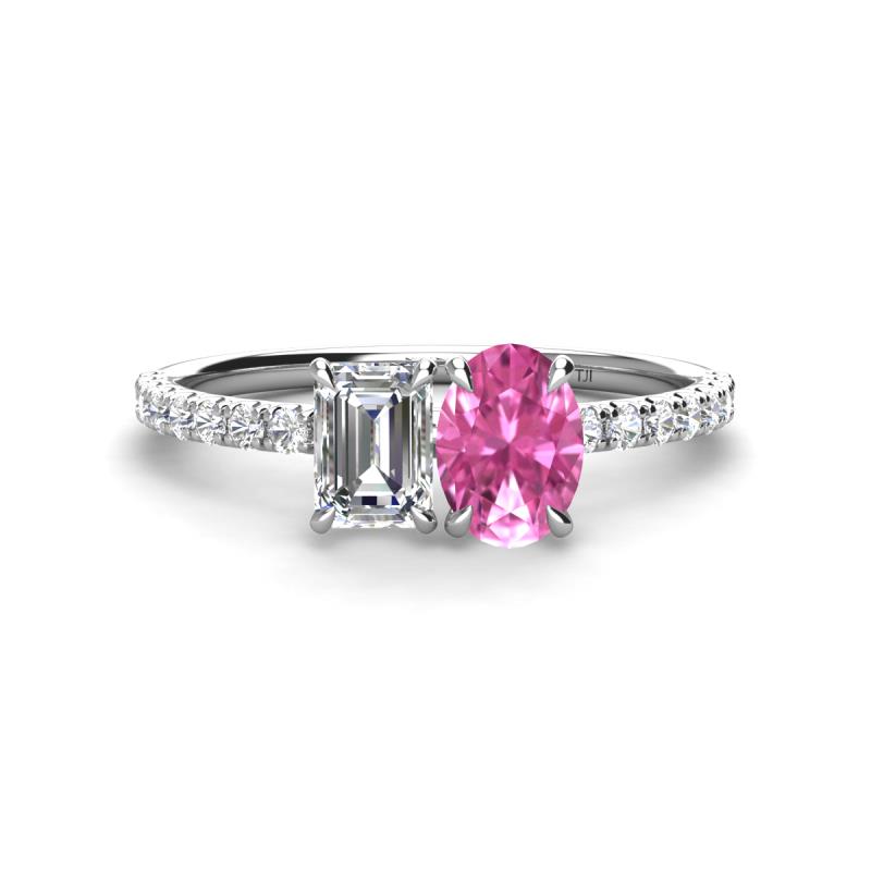 Galina 7x5 mm Emerald Cut Forever Brilliant Moissanite and 8x6 mm Oval Pink Sapphire 2 Stone Duo Ring 