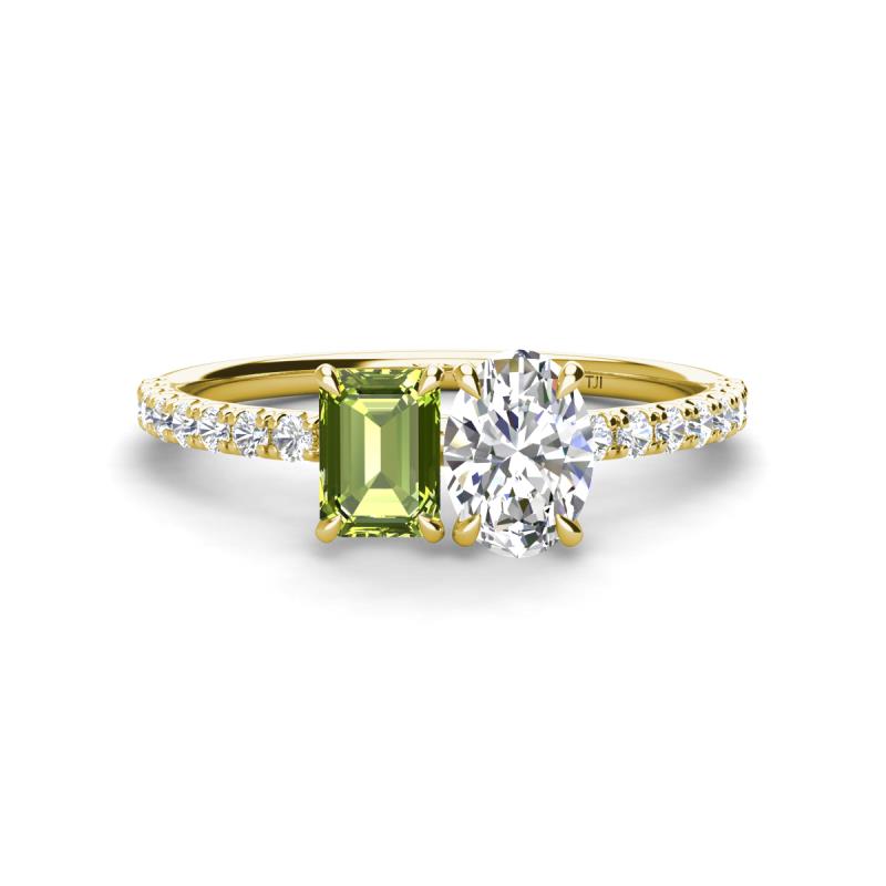 Galina 7x5 mm Emerald Cut Peridot and IGI Certified 8x6 mm Oval Lab Grown Diamond 2 Stone Duo Ring 