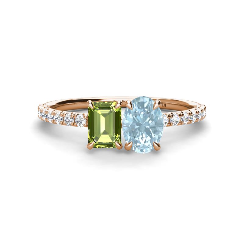 Galina 7x5 mm Emerald Cut Peridot and 8x6 mm Oval Aquamarine 2 Stone Duo Ring 