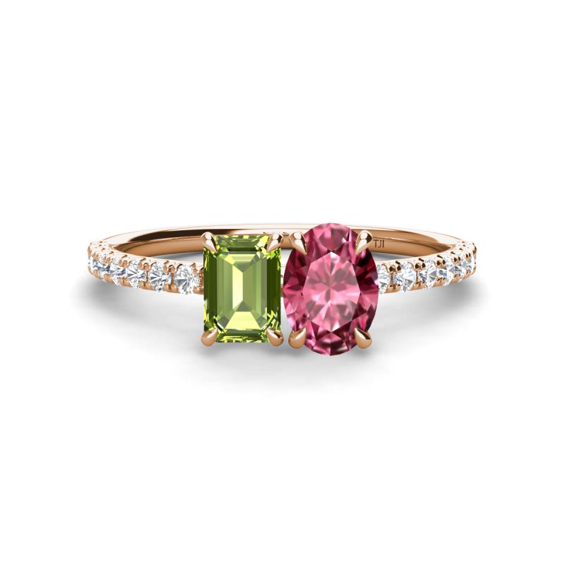Galina 7x5 mm Emerald Cut Peridot and 8x6 mm Oval Pink Tourmaline 2 Stone Duo Ring 