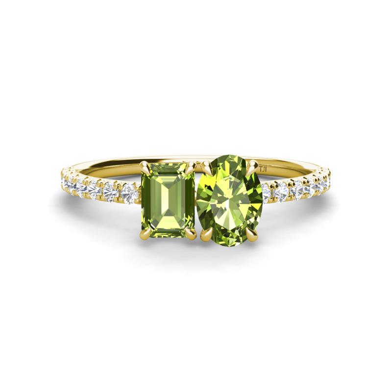 Galina 7x5 mm Emerald Cut Peridot and 8x6 mm Oval Peridot 2 Stone Duo Ring 