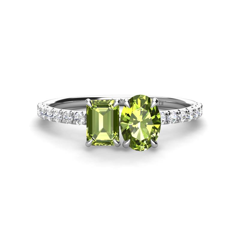 Galina 7x5 mm Emerald Cut Peridot and 8x6 mm Oval Peridot 2 Stone Duo Ring 