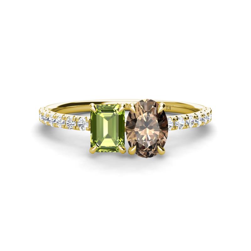 Galina 7x5 mm Emerald Cut Peridot and 8x6 mm Oval Smoky Quartz 2 Stone Duo Ring 